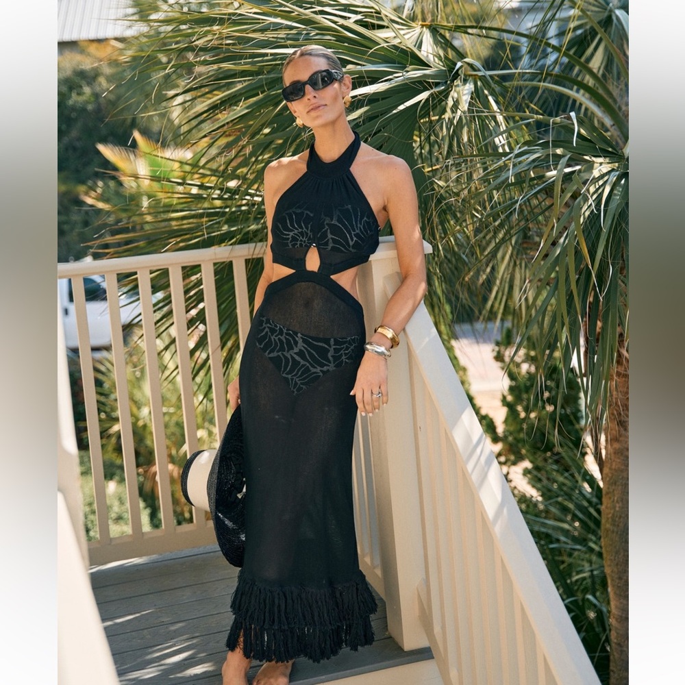 NWT Antonio Melani x M.G. Style Carmel Halter Fringe Maxi Dress Swim Cover Up
